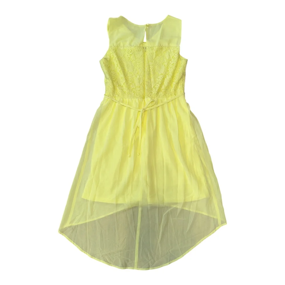 Girls Elegant High-Low Party Dress, Pale Yellow Lace Bodice with Crystal Belt, C